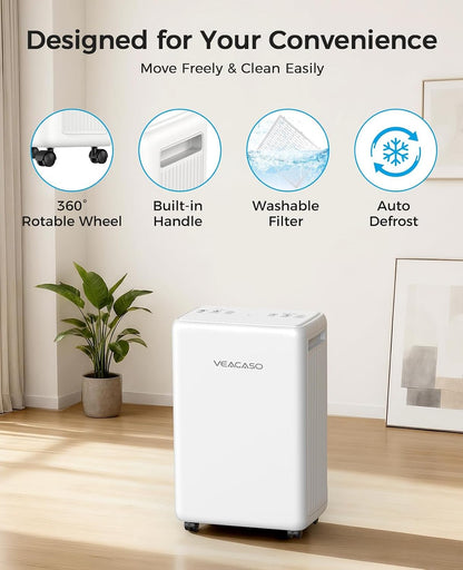 VEAGASO 30 Pints Dehumidifiers for Basements, 2500 Sq.Ft Dehumidifier for Bedroom Bathroom, Portable Dehumidifier with Continuous Drain Hose, Auto Defrost System, Quiet Design