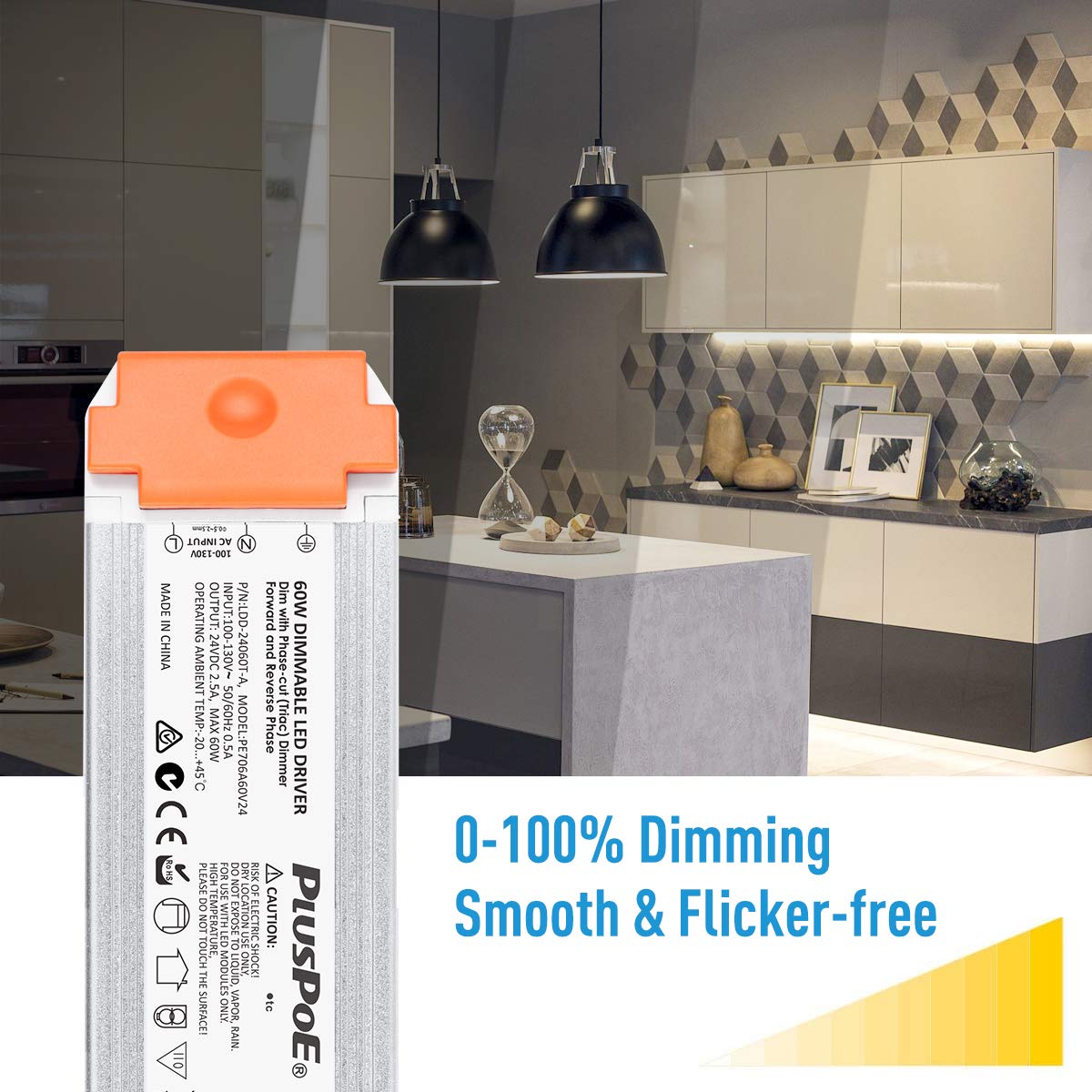 24V 60W Dimmable LED Driver, Universal Regulated 24v DC SCR dimmable Led Transformer Power Supply, 0-100% Dimming, Compatible with Lutron, Leviton Dimmers for LED Strip Lights