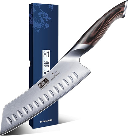 HOSHANHO 7 Inch Japanese Chef Knife, Ultra Sharp High Carbon Stainless Steel Kitchen Knife, Professional Santoku Knives with Ergonomic Pakkawood Handle