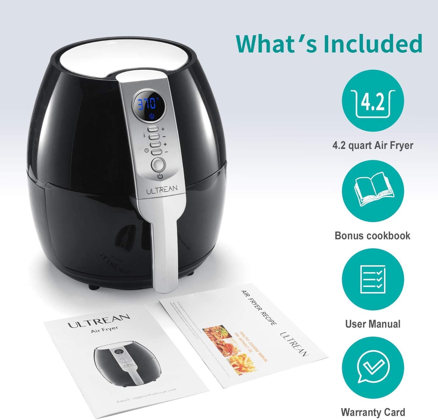 Ultrean Air Fryer, 4.2 Quart (4 Liter) Electric Hot Air Fryers Oven Oilless Cooker with LCD Digital Screen and Nonstick Frying Pot, UL Certified,1-Year Warranty,1500W (Black)