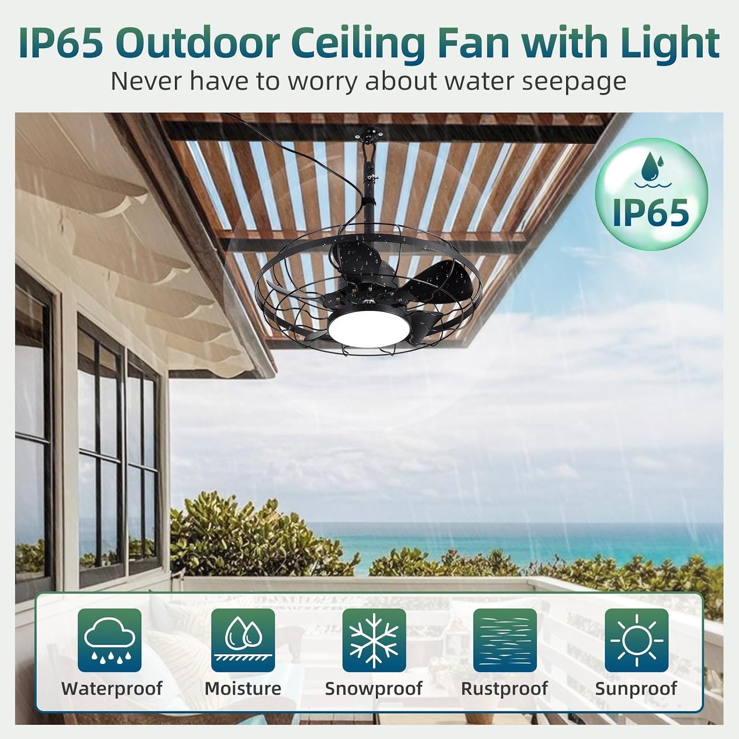 Outdoor Ceiling Fan with Light for Patios, 21" Garage Ceiling Fan Outdoor Hanging, IP65 Waterproof Plug in Ceiling Fan with Alexa/Google/App Control,3CCT Dimmable 6-Speeds for Patios Porch