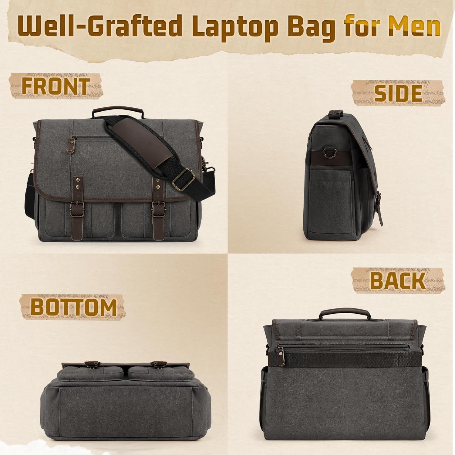 RAINSMORE Canvas Messenger Bag Men 17-17.3 Inch Laptop Bag Computer Briefcase Water Resistant Satchel Bag for Men Work Office - PuriLite
