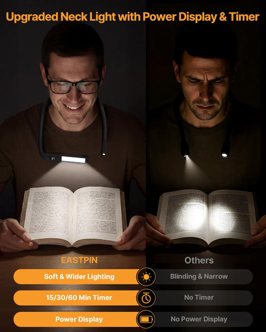 Upgraded Neck Light, Reading Light with Power Display, Timer | 3 Color Adjustable Brightness Book Light, Hands-Free Neck Lamp for Reading, Knitting, Crochet, Sewing, Book Lovers Gifts
