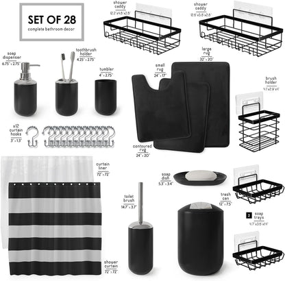 Clara Clark Bathroom Set - Gray Bathroom Accessories Set, Bathroom Sets with Shower Curtain and Rugs, 23PC Shower Curtain Set with Liner, Soap Dispenser, Soap Dish, Toilet Brush Holder, and Trash Can