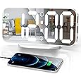 Digital Alarm Clock,Large LED Mirror Display, 2 USB Charging Ports，Auto Dim Mode，Modern Design Clock for Bedroom Office, White
