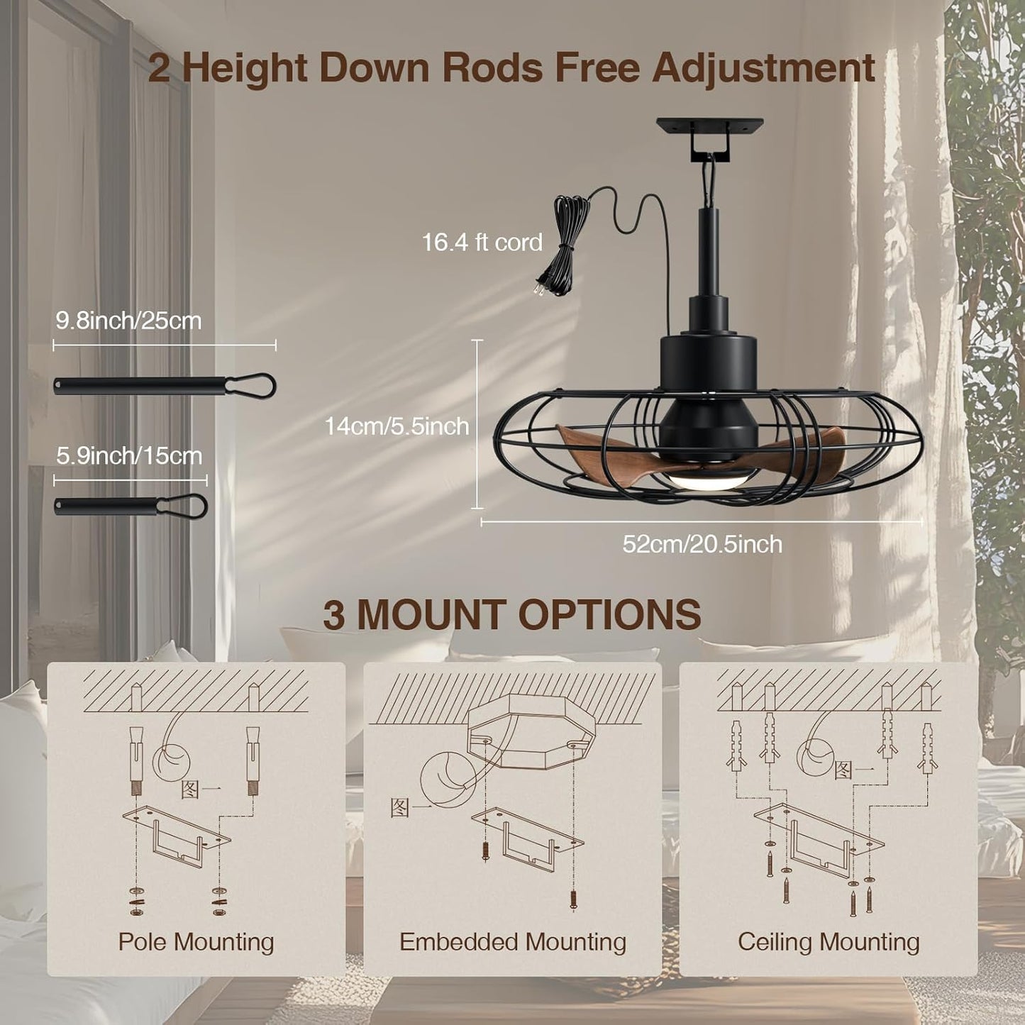 NACATIN Outdoor Ceiling Fan with Lights, Remote, Wall Switch Control, IP55 Waterproof Ceiling Fans with Lights and Remote, 3 Color Temperatures: Perfect for Patios, Gazebos, & Bedrooms, Black - PuriLite