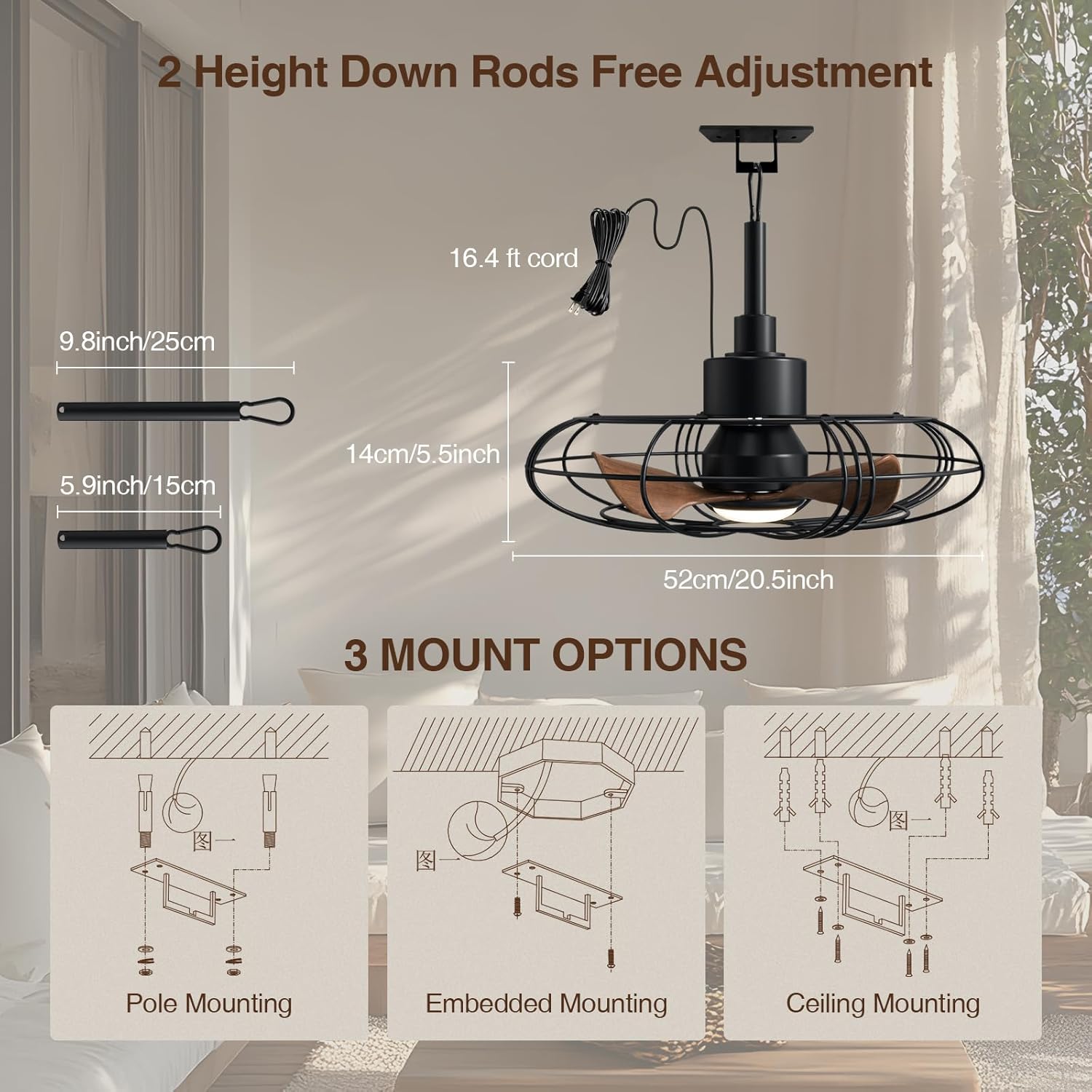 NACATIN Outdoor Ceiling Fan with Lights, Remote, Wall Switch Control, IP55 Waterproof Ceiling Fans with Lights and Remote, 3 Color Temperatures: Perfect for Patios, Gazebos, & Bedrooms, Black - PuriLite