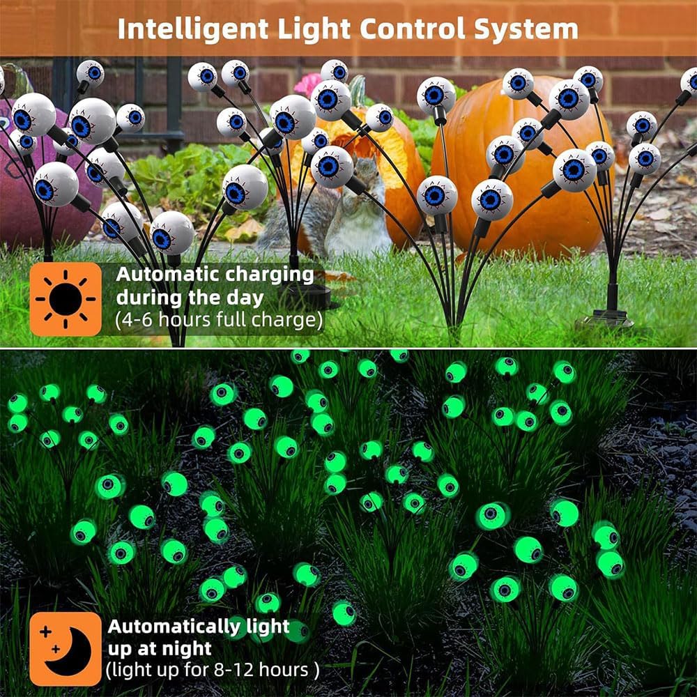 Solar Halloween Lights, 4 Pack 32 LED Green Eyeball Solar Garden Lights, Outdoor Scary Halloween Decorations Ghost Eyes Firefly Lamp for Spooky Party Seasonal Décor Pathway Patio Yard Lawn (Green)