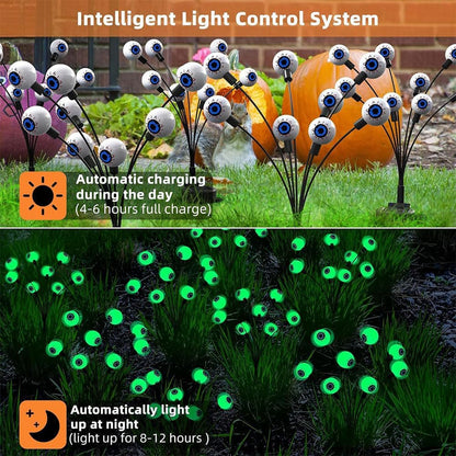 Solar Halloween Lights, 4 Pack 32 LED Green Eyeball Solar Garden Lights, Outdoor Scary Halloween Decorations Ghost Eyes Firefly Lamp for Spooky Party Seasonal Décor Pathway Patio Yard Lawn (Green)