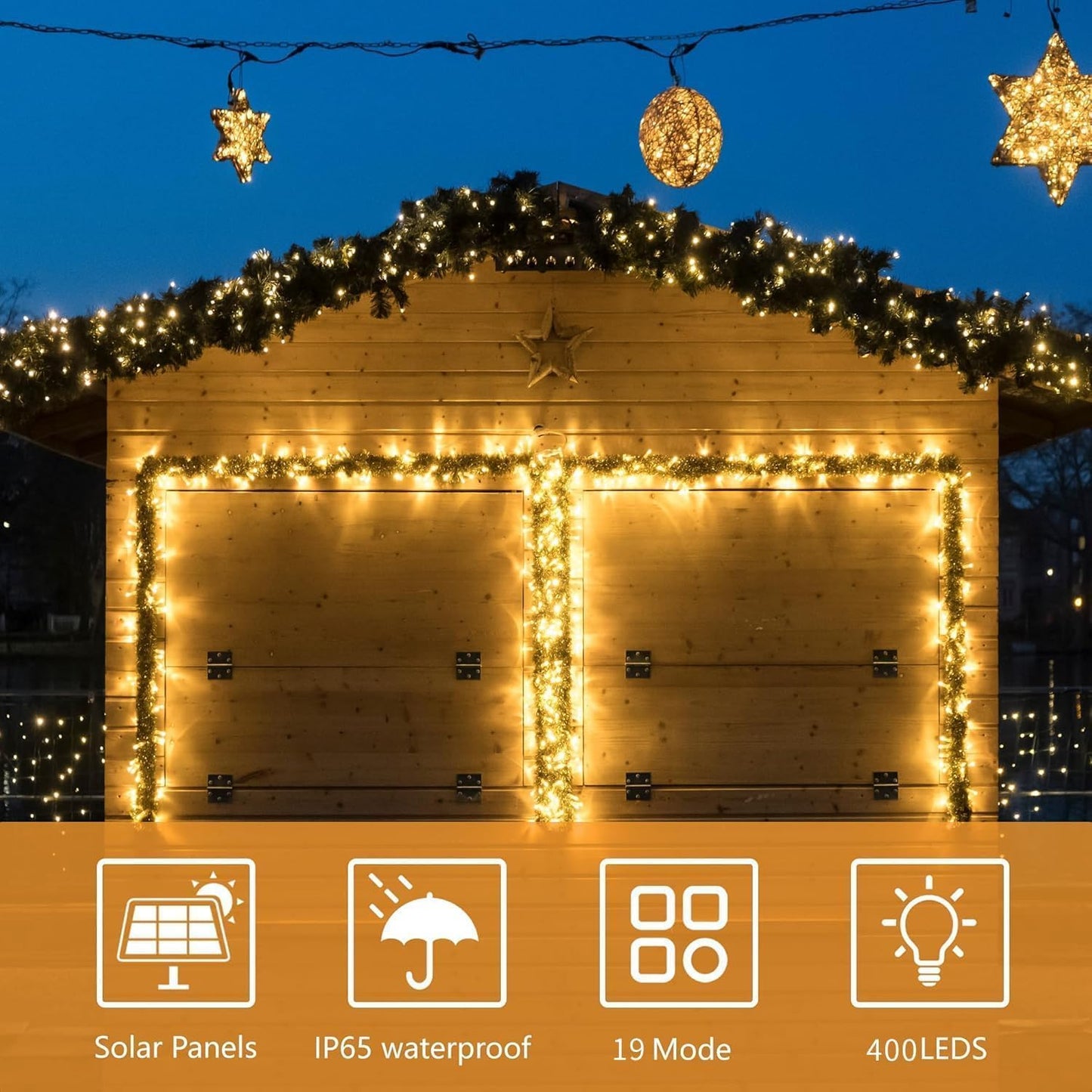 Maokot Solar Christmas Lights Outdoor, Upgraded 137FT 400 LED Solar String Lights with Remote,19 Modes Waterproof Warm White Solar Lights Outdoor String for Outside Garden Home Festival Decorations