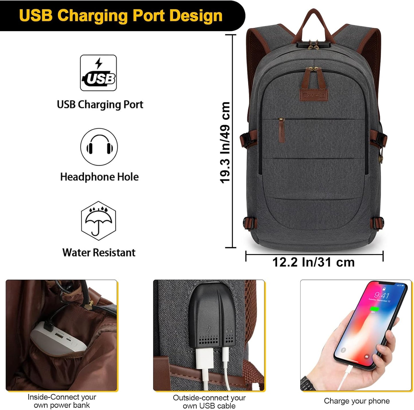 Tzowla Laptop Travel Slim School Backpack Water Resistant Anti-Theft Bag with USB Charging Port and Lock 15.6 Inch Computer Business Backpacks for Men Women College Student Gift,Bookbag Casual Daypack