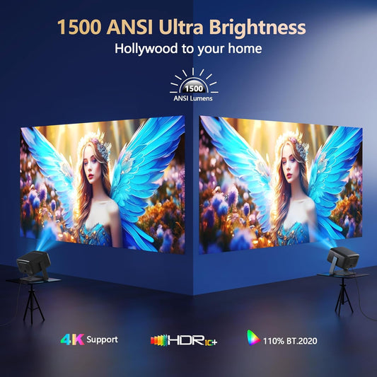 4K-Projector [1500 ANSI/Official-NetfIix/360°Stand] Outdoor Projector with WiFi 6 and Bluetooth, Auto Focus, Auto Keystone Smart Proyector Native 1080P Support 36W DoIby Audio 500'' Display HDR 10+ - PuriLite