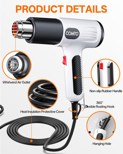 1600W Heat Gun, Hot Air Gun with 2 Temp Settings, 4 Nozzles, Overheat Protection, for Shrink Tubing, Shrink Wrap, Crafting, Resin, and DIY Projects - White