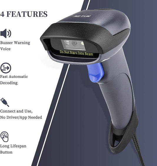 NETUM Wired QR Code Scanner, USB 1D 2D Handheld Barcode Scanner Compatible for Laptops, Computers, Cashier POS System (2D-M5S)