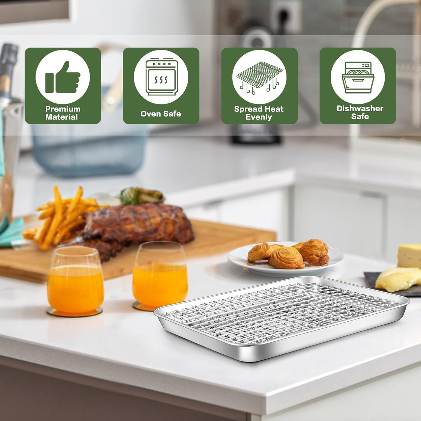 17.5 Inch Baking Sheet Pan with Rack Set, Joyfair Stainless Steel Half Size Oven Cookie Sheet Tray with Cooling Rack, Non-Toxic & Heavy Duty, Mirror Finishes &Easy Cleaning - (1 Pan + 1 Rack)