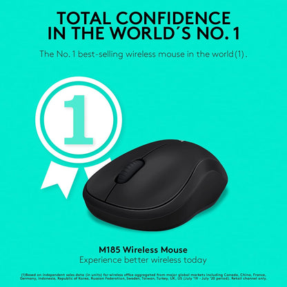 Logitech M185 Wireless Mouse, 2.4GHz with USB Mini Receiver, 12-Month Battery Life, 1000 DPI Optical Tracking, Ambidextrous, Compatible with PC, Mac, Laptop - Black