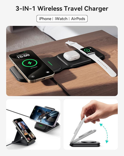 INIU 3 in 1 Wireless Charging Station, Qi2 Certified 15W Travel Charger for Apple Multiple Devices, Foldable Charger Stand for iPhone 16 15 14 13 12 Series Apple Watch AirPods (with Adapter)