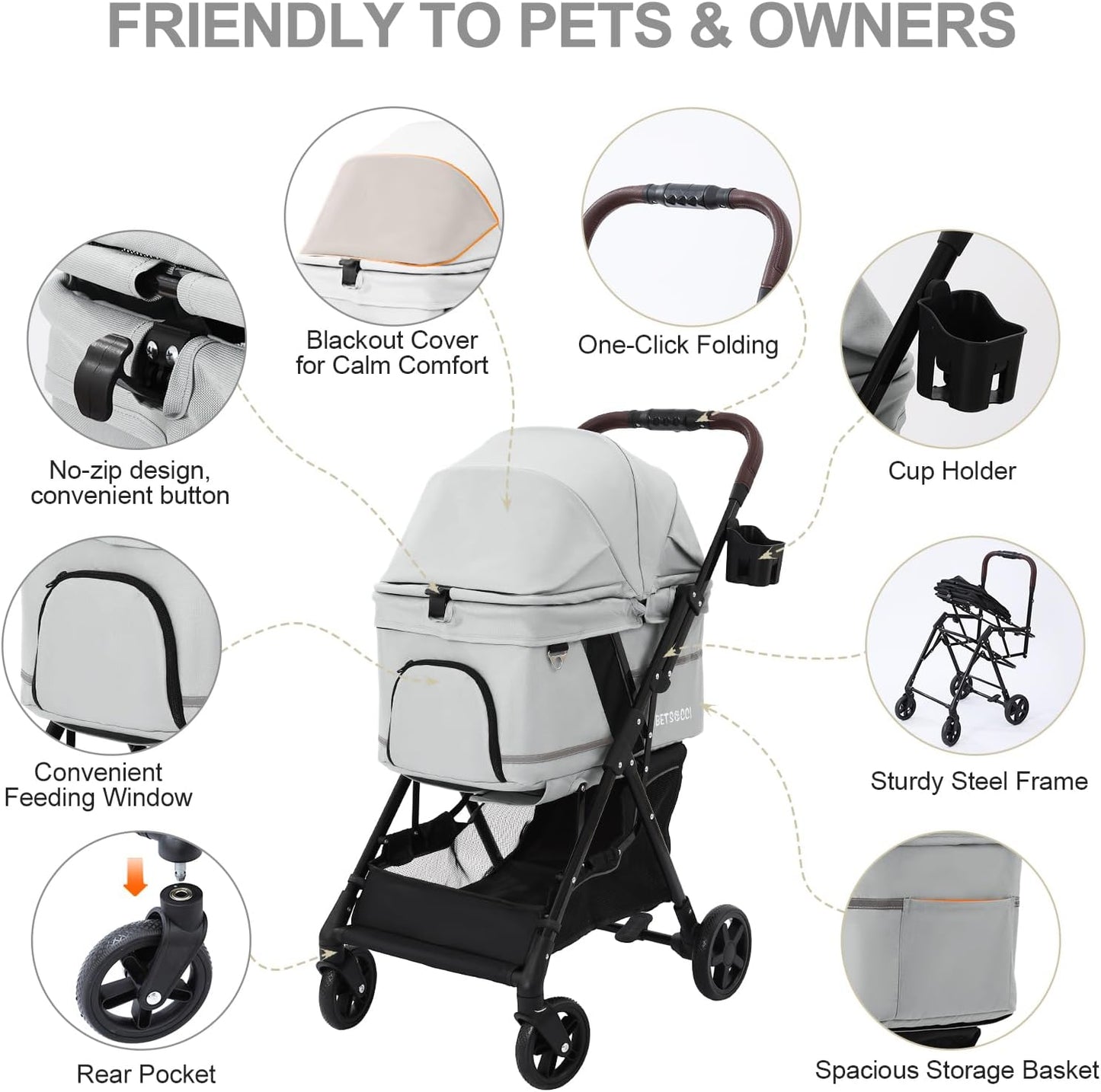Pet Stroller for Small Medium Dogs Cats with 4 Wheels Grey | NO-ZIP Dog Cat Stroller, Max Load 45 lbs, Easy Folding, Compact Portable