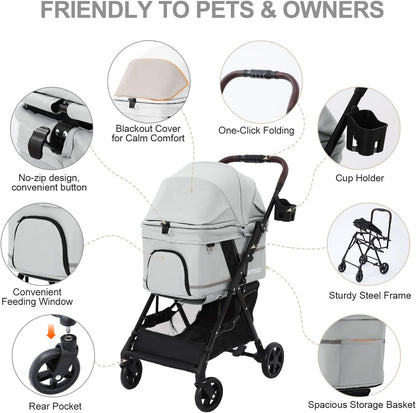 Pet Stroller for Small Medium Dogs Cats with 4 Wheels Grey | NO-ZIP Dog Cat Stroller, Max Load 45 lbs, Easy Folding, Compact Portable