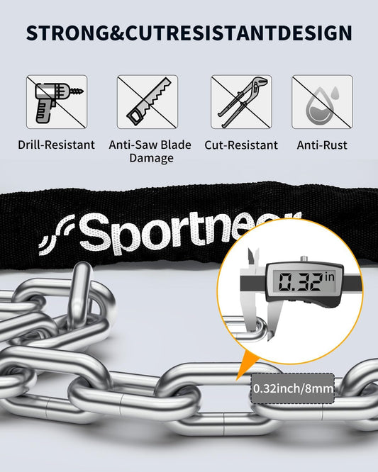 Sportneer Bike Lock Anti-Theft Bicycle Chain Lock Heavy Duty 0.32inch/8mm Thicker Motocycle Lock High Security with 2 Keys for Bike, Scooter, Moto, Door, Gate Fence - PuriLite