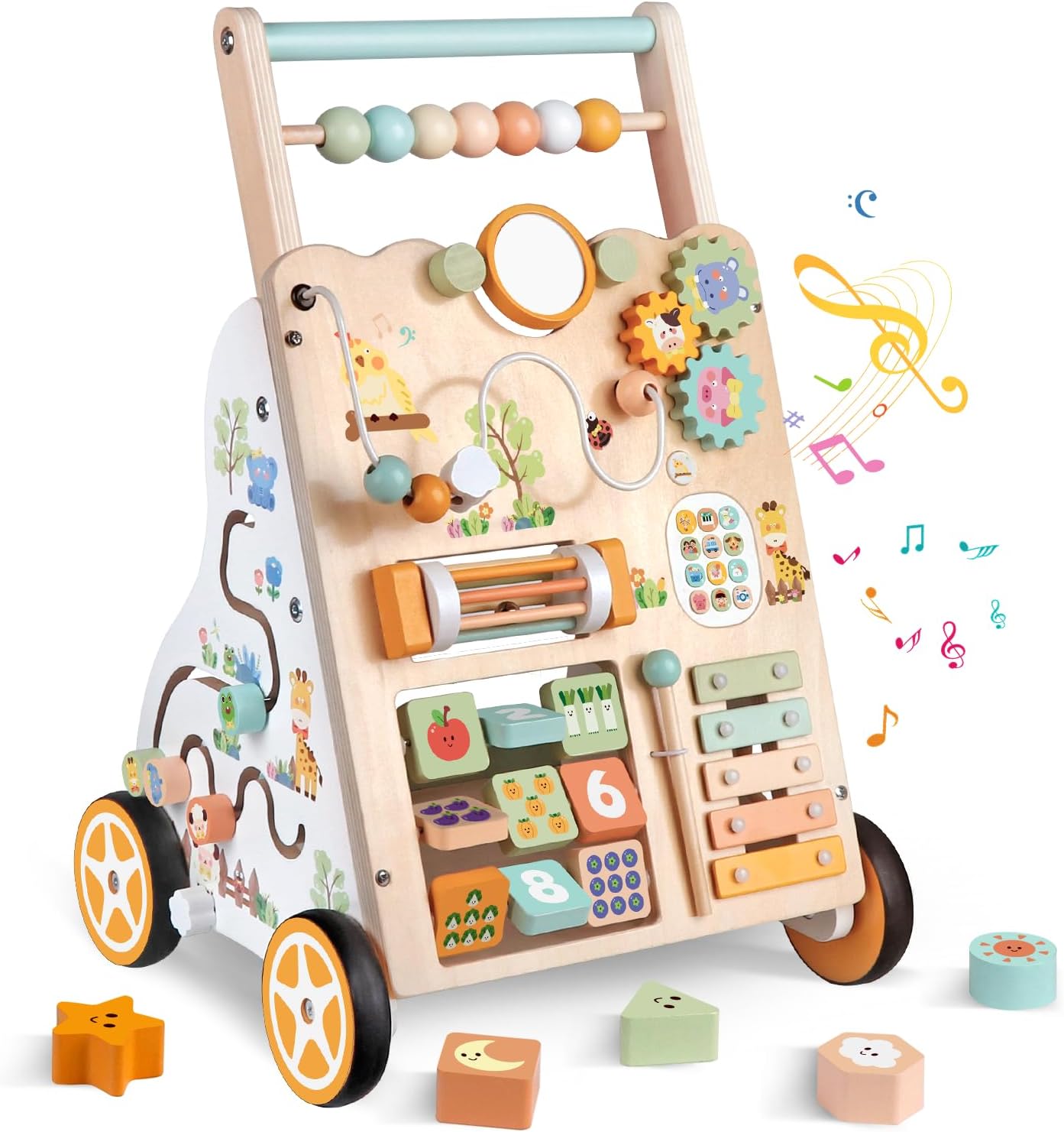 Weilim Wooden Baby Walker, 10-in-1 Montessori Push Walker for Toddlers 1+ Activity Center with Xylophone, Shape Sorter, Gears | Adjustable Speed & Height | Natural Wood Learning Walking Toy