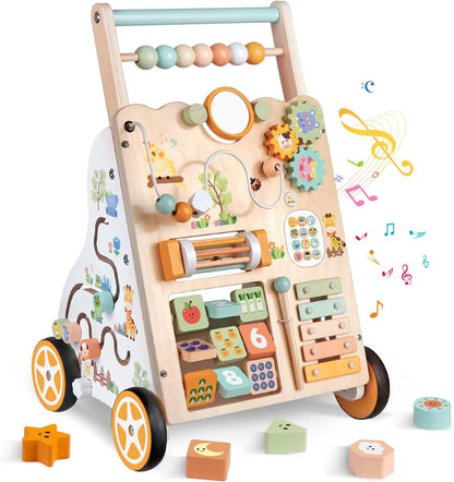 Weilim Wooden Baby Walker, 10-in-1 Montessori Push Walker for Toddlers 1+ Activity Center with Xylophone, Shape Sorter, Gears | Adjustable Speed & Height | Natural Wood Learning Walking Toy