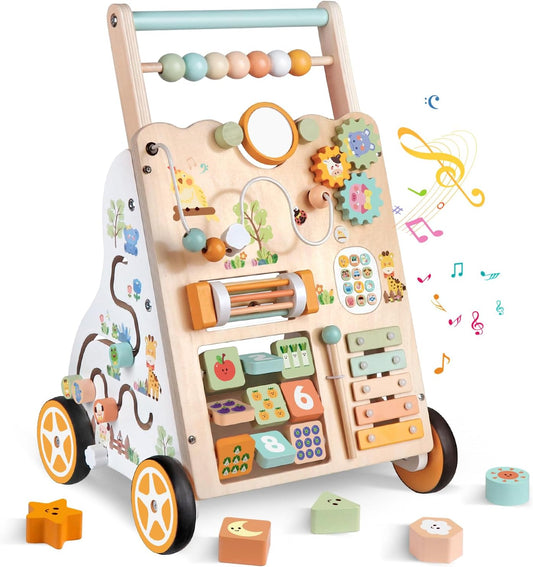Weilim Wooden Baby Walker, 10-in-1 Montessori Push Walker for Toddlers 1+ Activity Center with Xylophone, Shape Sorter, Gears | Adjustable Speed & Height | Natural Wood Learning Walking Toy
