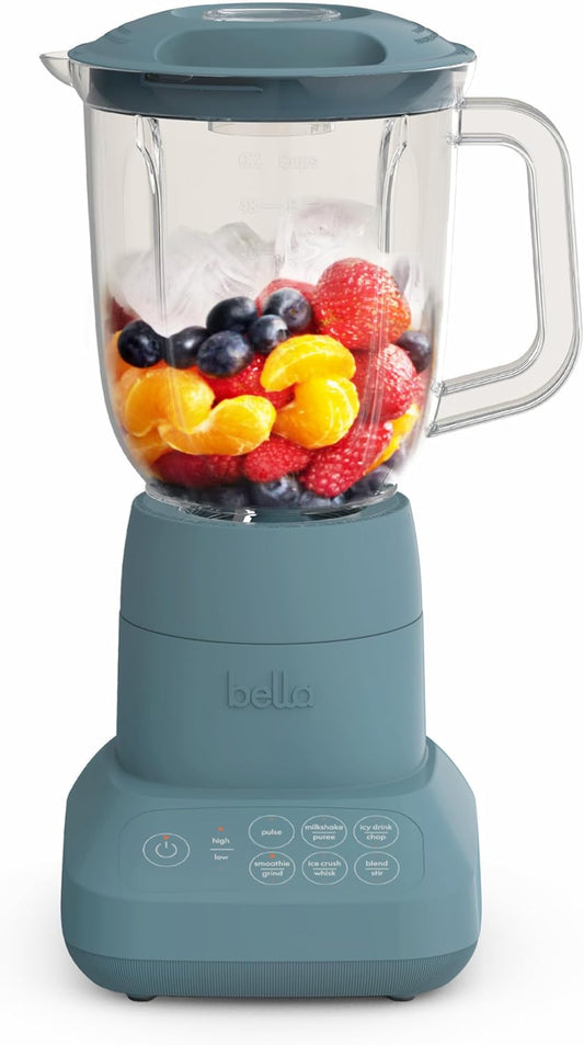 Bella 10-Speed Countertop Blender, Juicer and Smoothies, Fits Anywhere™, Slim Design with Lid and Lid for Dishwasher Stainless Steel Carafe, 450W, Surf - PuriLite
