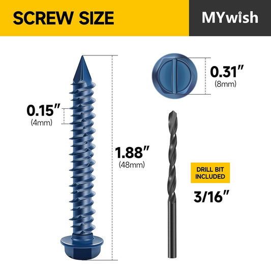 Mywish 30Pcs 1/4 x 1-3/4" Concrete Screws, Slotted Hex Washer Head Stucco Screws Anchor Kit with 3/16 Drill Bit, Masonry Screws Self Tapping for Anchoring to Masonry, Block or Brick Stucco - PuriLite