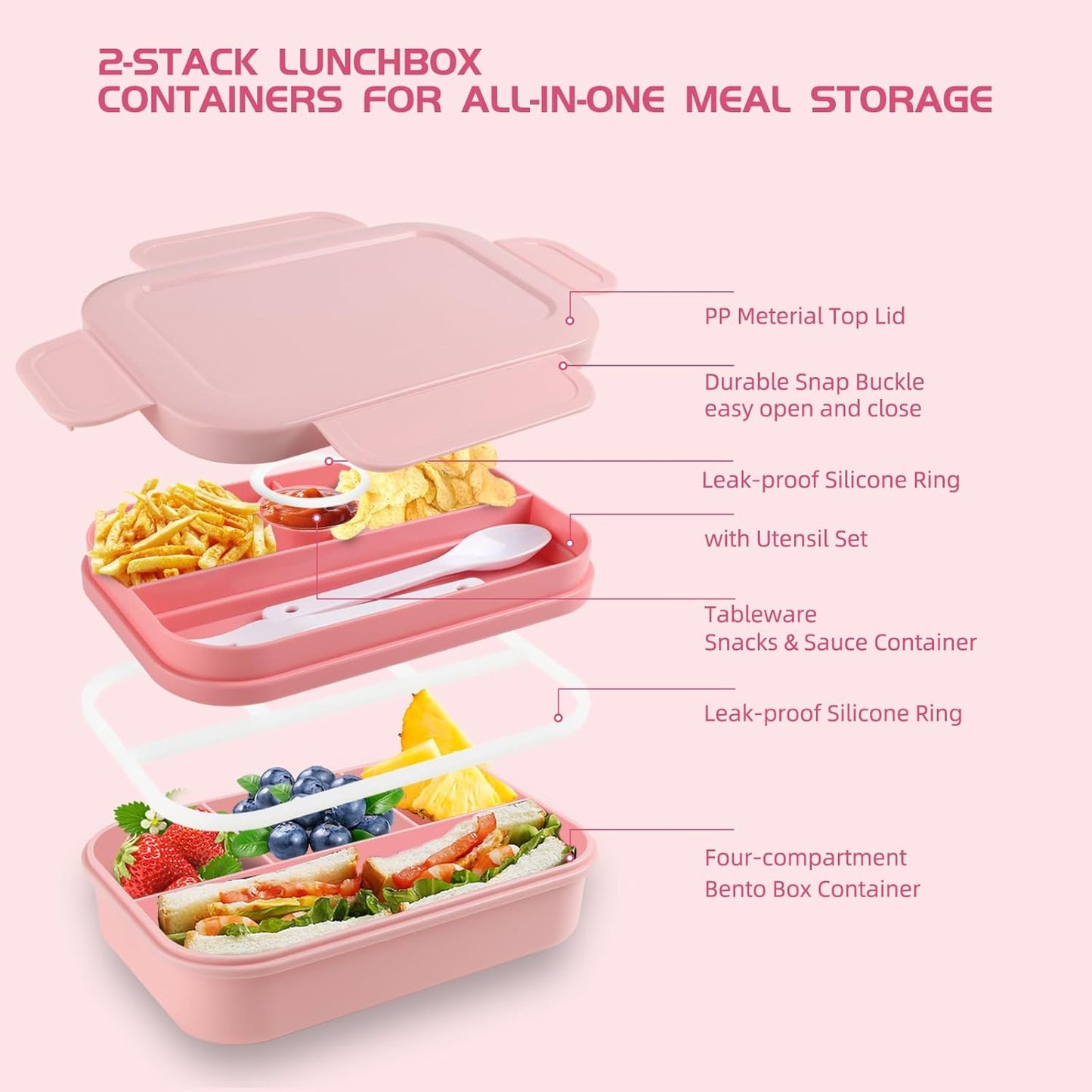 Bento Box Adult Lunch Box - 2000 ML Stackable with 8 Compartments, Leak-Proof, Built-in Sauce Container, Utensils, Microwave/Dishwasher/Freezer Safe - Blue