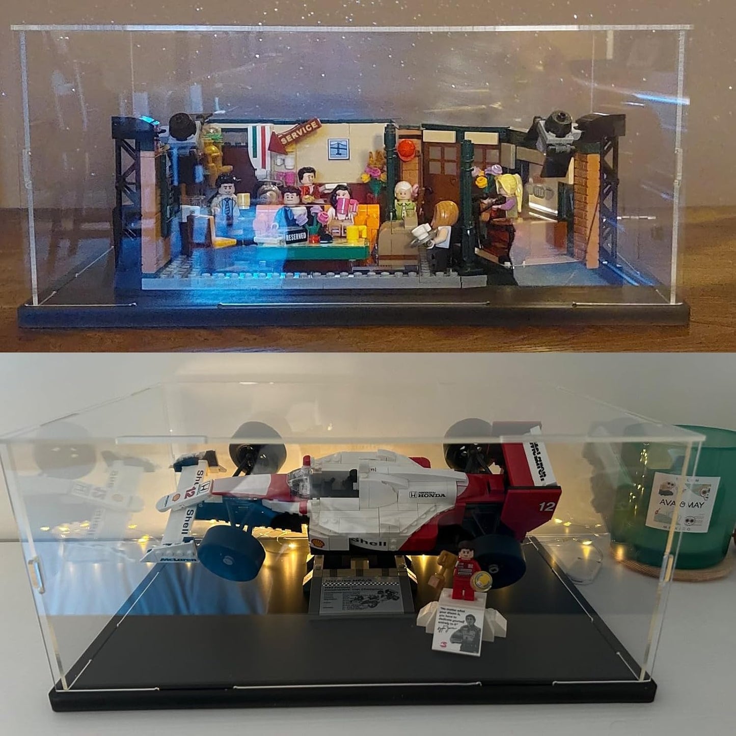 Thickened Clear Acrylic Display Case for Lego 10330 43268 76450 42170 10295 10353 Collectibles, Transparent Box Dustproof Protection with Wood-Plastic Base & String Light, Black Inside 40x20x20cm