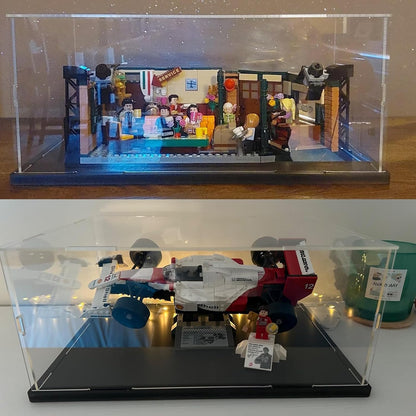 Thickened Clear Acrylic Display Case for Lego 10330 43268 76450 42170 10295 10353 Collectibles, Transparent Box Dustproof Protection with Wood-Plastic Base & String Light, Black Inside 40x20x20cm