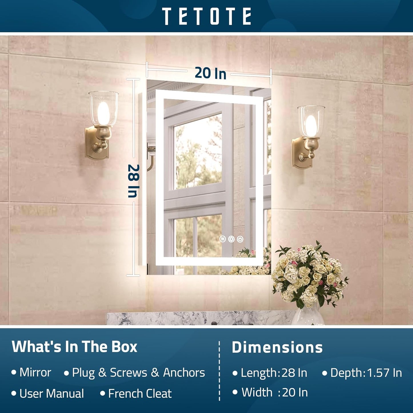 TETOTE LED Bathroom Mirror 20x28 Frontlit & Backlit Lighted Vanity Mirror Anti Fog Stepless Dimmable 3 Colors White/Warm/Natural,Double Lights,Wall-Mounted(Horizontal/Vertical)