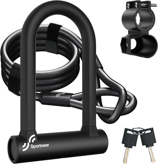 Sportneer Bike Lock: 17mm Heavy Duty Bike U Lock - High-Security Anti-Theft with 12mm x1.5m Steel Cable, 8''x5'' Compact Design, Includes Mounting Bracket for Mountain/Road/Folding/Electric Bikes - PuriLite