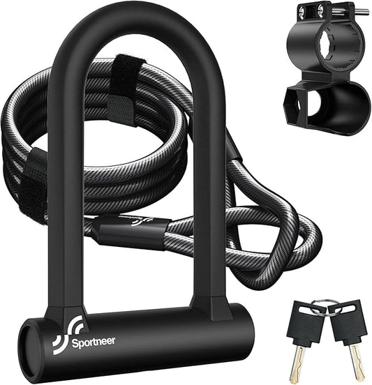 Sportneer Bike Lock: 17mm Heavy Duty Bike U Lock - High-Security Anti-Theft with 12mm x1.5m Steel Cable, 8''x5'' Compact Design, Includes Mounting Bracket for Mountain/Road/Folding/Electric Bikes