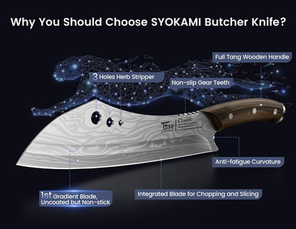 SYOKAMI Meat Cleaver Chef Knife, 7.7 Inch Multifunction Butcher Knife with Herb Stripper and Sheath, Chinese Cleaver Heavy Duty Bone Chopper, Meat Cutting, Damascus Pattern Full Tang Wood Handle