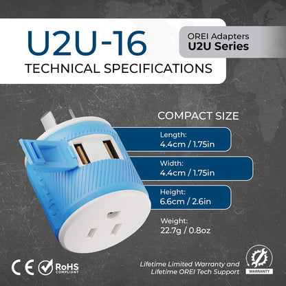 OREI South Africa, Botswana, Namibia Travel Plug Adapter with Dual USB - USA Input - Type M (U2U-10L), Will work with Cell Phones, Camera, Laptop, Tablets, iPad, iPhone
