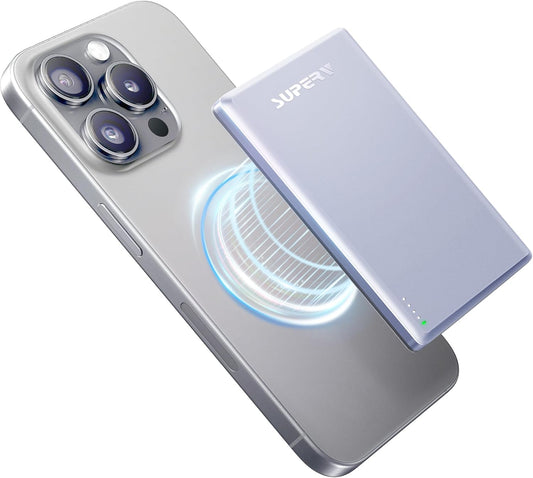 SUPERV Wireless Magnetic Power Bank,5000mAh Battery Pack,0.3in Ulti-Slim,Portable Charger,Type-C 20W Fast Charging for iPhone 15 Pro Max/15 por/14/13/12 Series(Purple)
