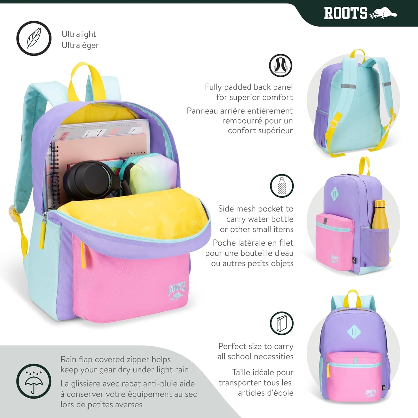 Roots Kids Lightweight Backpack — Made from 100% Recycled Fabrics with Rain Flap, Bottle Pocket, Reflective Accent, and Back Padding — 22.5 litres, Pink & Purple