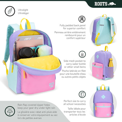 Roots Kids Lightweight Backpack — Made from 100% Recycled Fabrics with Rain Flap, Bottle Pocket, Reflective Accent, and Back Padding — 22.5 litres, Pink & Purple