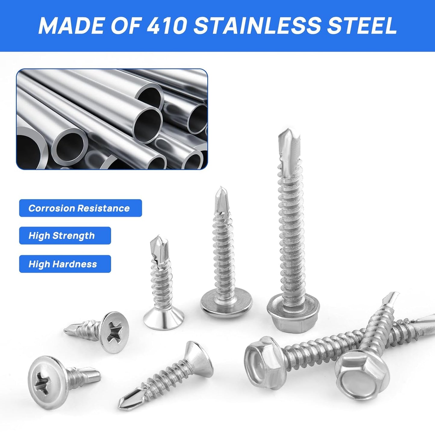 Besitu 400PCS Self Tapping Screws, 410 Stainless Steel Self Drilling Screws #8#10 Black Oxide Sheet Metal Screws, Length 1/2" to 1-1/4'', Truss Head Wood Screws Assortment for Metal, Plastic and RV