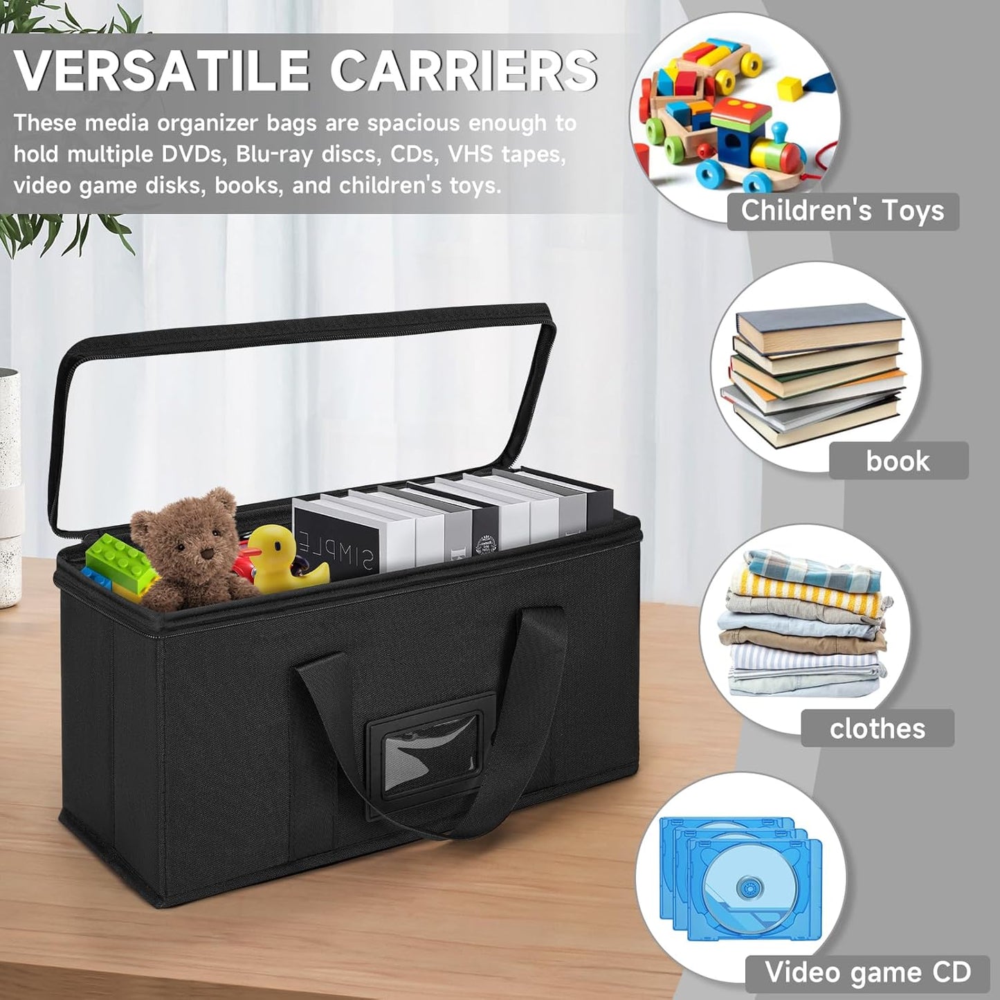 4 Pack-DVD Storage Boxes, PVC Clear Lid, DVD Case Holder Organizer with Index Labels-15.4"x 5.5"x 7.9" DVDs Storage Holder Bags for DVDs, CDs, Video Games, Books, Each Hold up to 25 DVDs Jewel Cases
