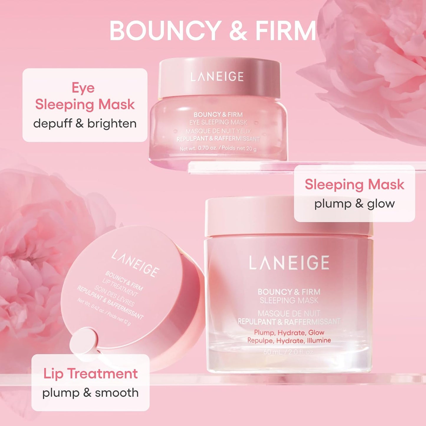 LANEIGE Bouncy and Firm Sleeping Mask: Revitalize, Smooth, Peony & Collagen Complex, Barrier-Boosting Hydration