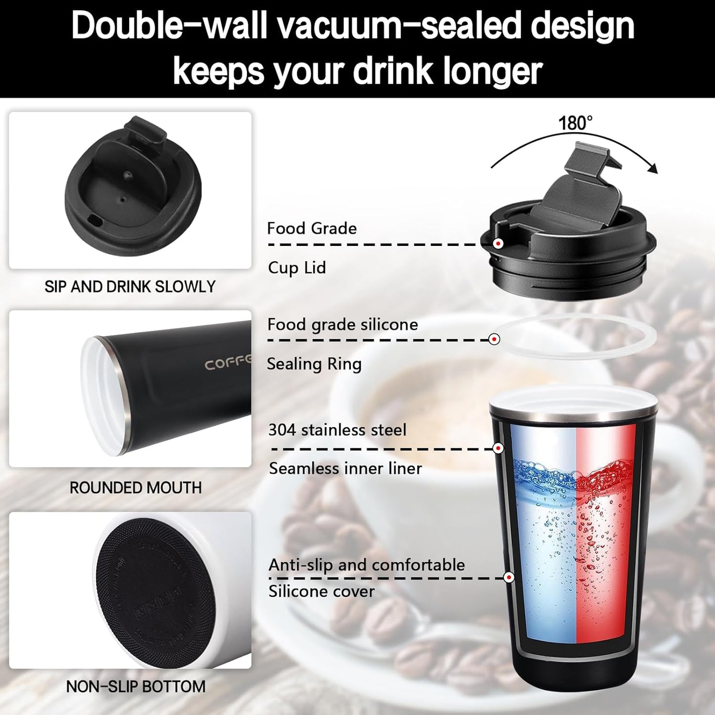 18oz Mug with Ceramic Coating Inside, Insulated Coffee Mug with Lid, Leak Proof Coffee Travel Mug, Travel Coffee Mug Fits in Car Cup Holder