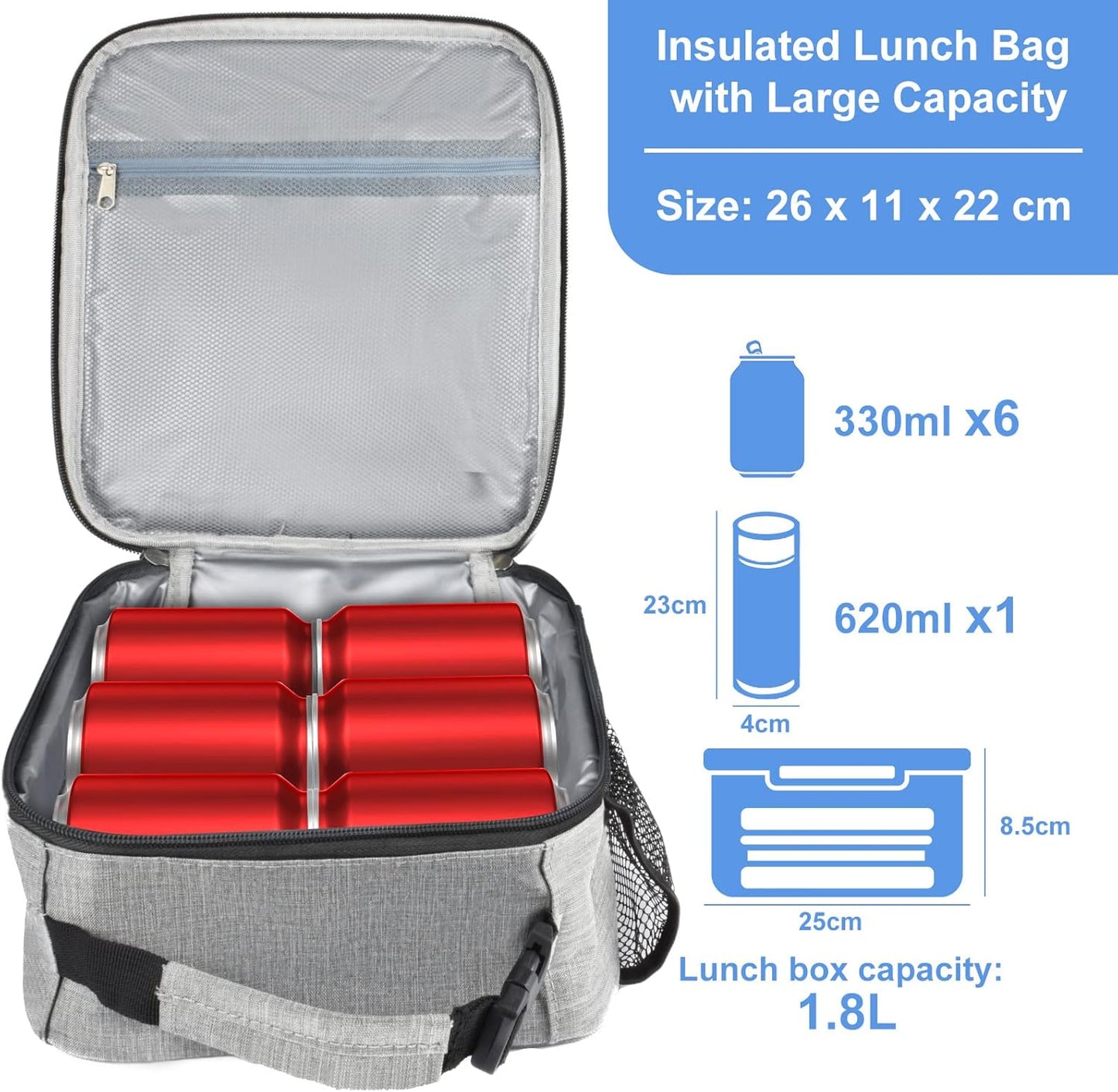Insulated Lunch Bag, Leakproof Portable Lunch Box for Women Men Boys Girls, Large Capacity Cooler Bag with Handle and Bottle Pocket for Office School Camping Hiking Outdoor Beach Picnic (Black)