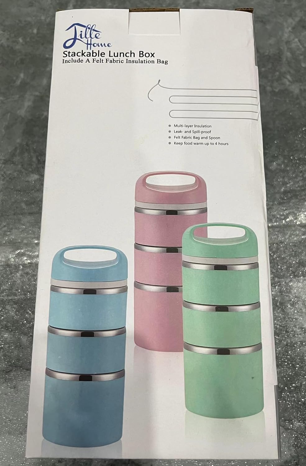 Lille Home Stackable Stainless Steel Thermal Compartment Lunch/Snack Box, 3-Tier Insulated Bento/Food Container with Lunch Bag, Cutlery Set and 3 Extra Seals, 43OZ (Gray)