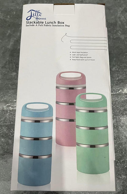 Lille Home Stackable Stainless Steel Thermal Compartment Lunch/Snack Box, 3-Tier Insulated Bento/Food Container with Lunch Bag, Cutlery Set and 3 Extra Seals, 43OZ (Gray)