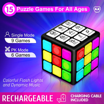 Rechargeable Game Handheld Cube for Kids – 15 Brain & Memory Games with Score Screen, Multi-Mode Puzzle Toy for Ages 6–12+, USB Charging, Black - PuriLite