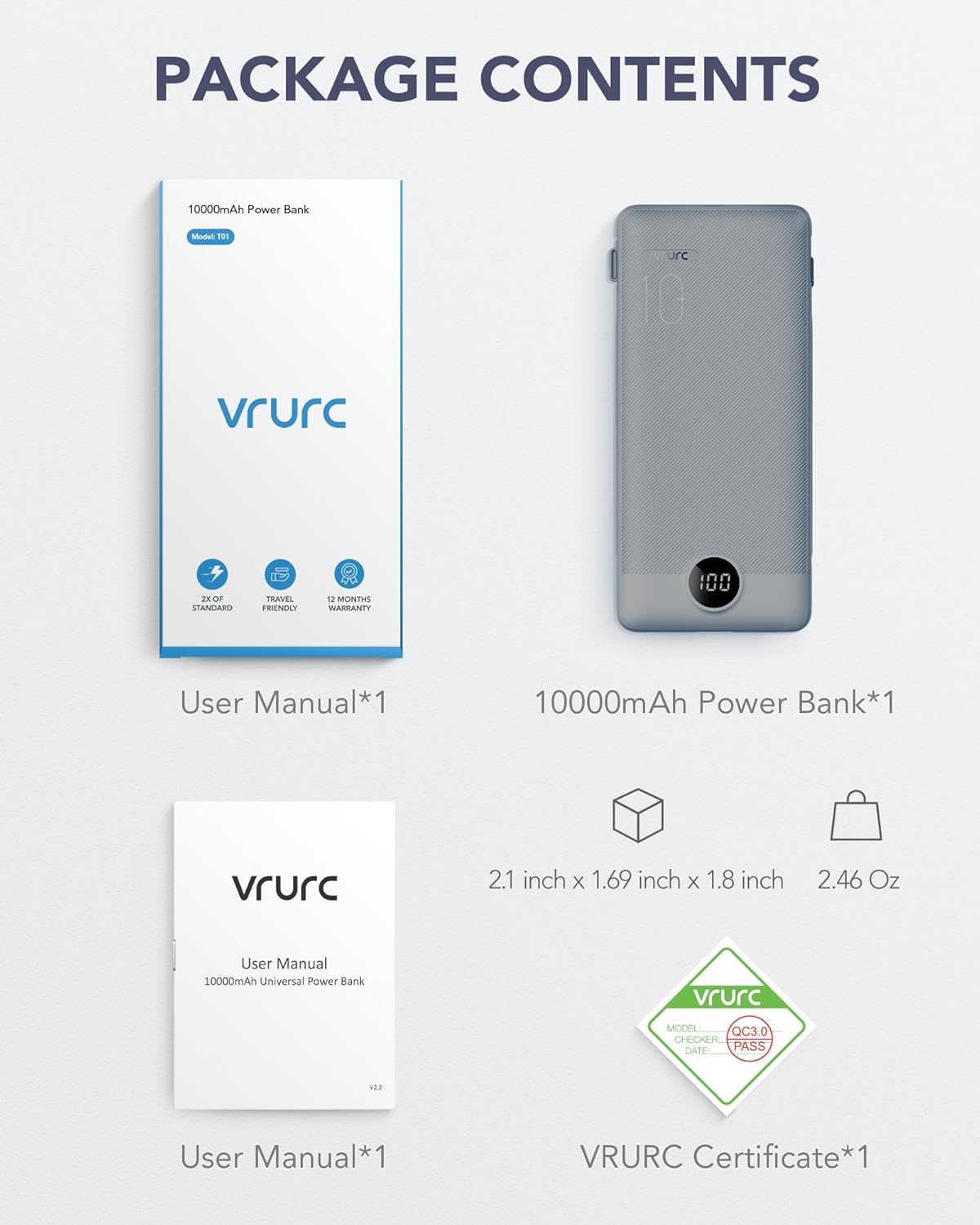 Power Bank Built-in Cables, VRURC 10000mAh Portable Charger USB C, Lightweight Charging Bank Built-in AC Plug, Replacement Battery Compatible with All Kinds of Cellphones, Tablet etc-Blue