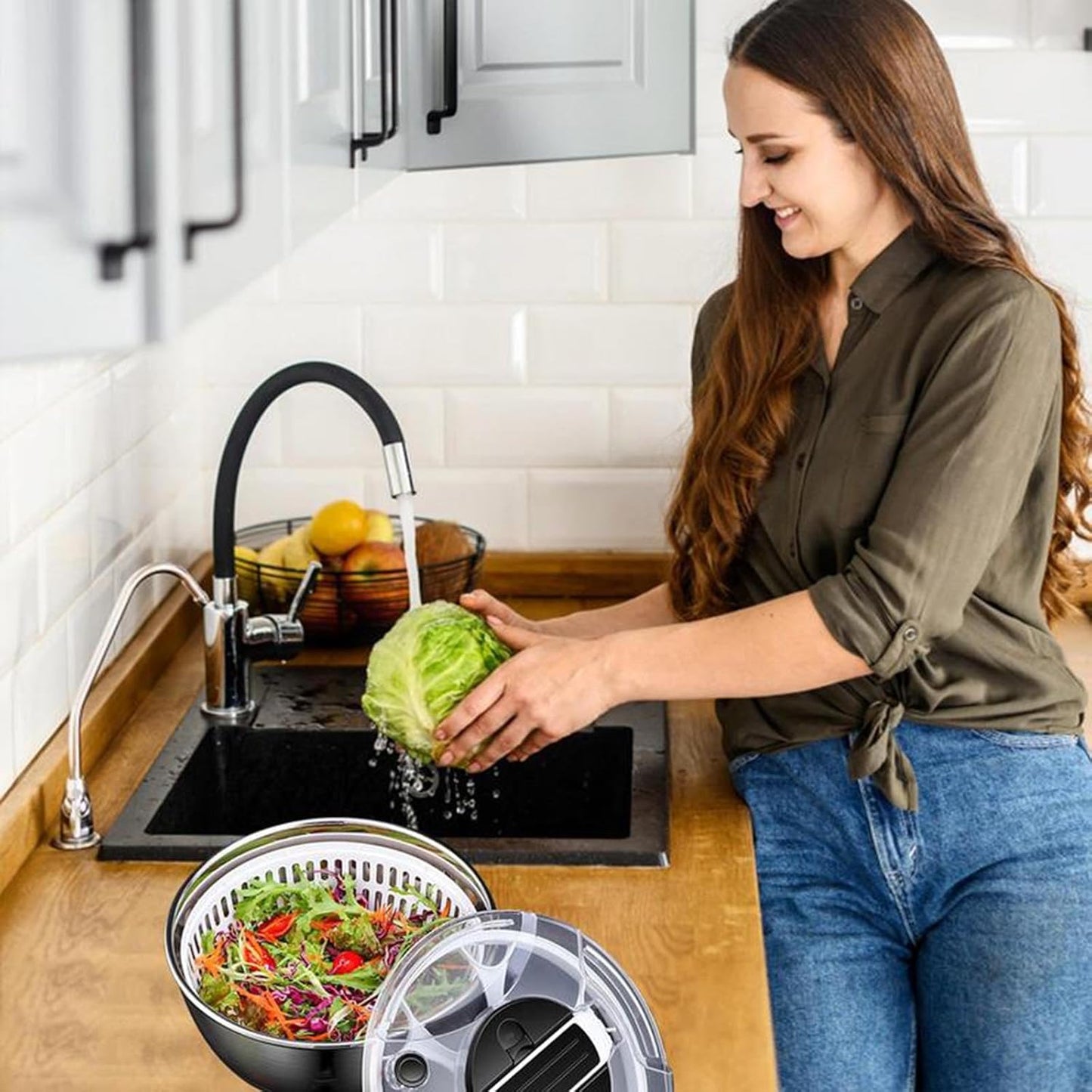 UGCER Salad Spinner, Stainless Steel Fruit and Vegetable Spinner, Manual Fruit Dehydrator Spin Dryer Dehydration Basket Spinner, Drain Basket